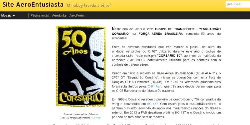 Matéria Corsário 50 anos printscreen